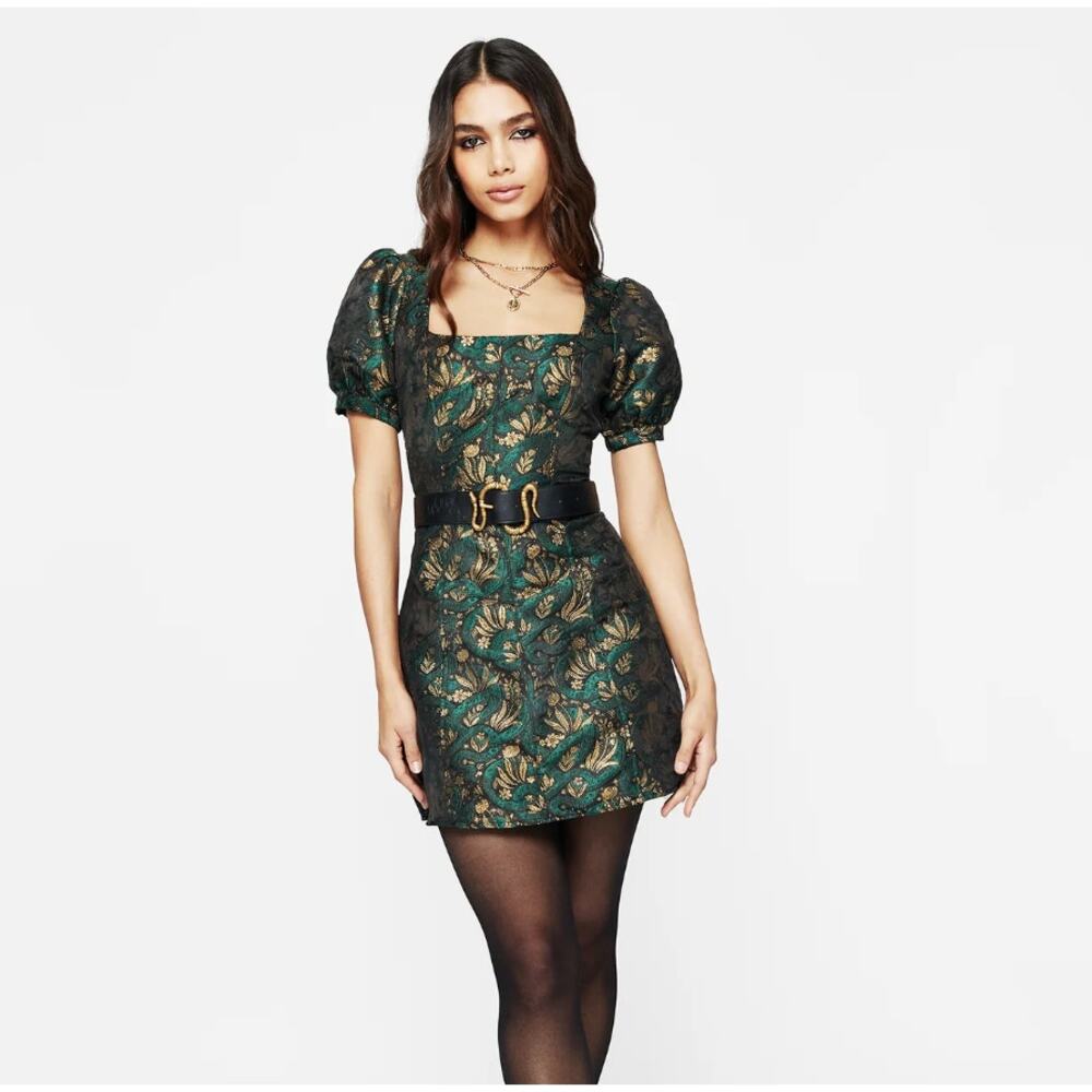 Green Brocade Puff-Sleeve Mini Dress with Gold Accent